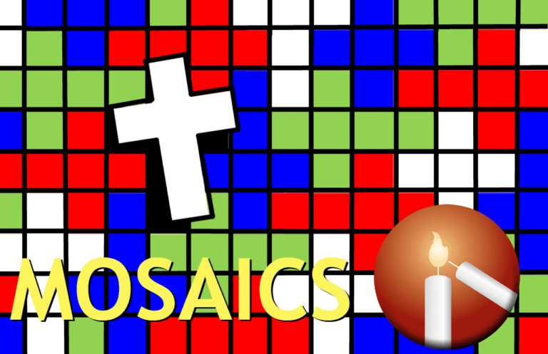 An image a colorful mosaic with a cross and the Messiah logo on it, Reads "Mosaics"