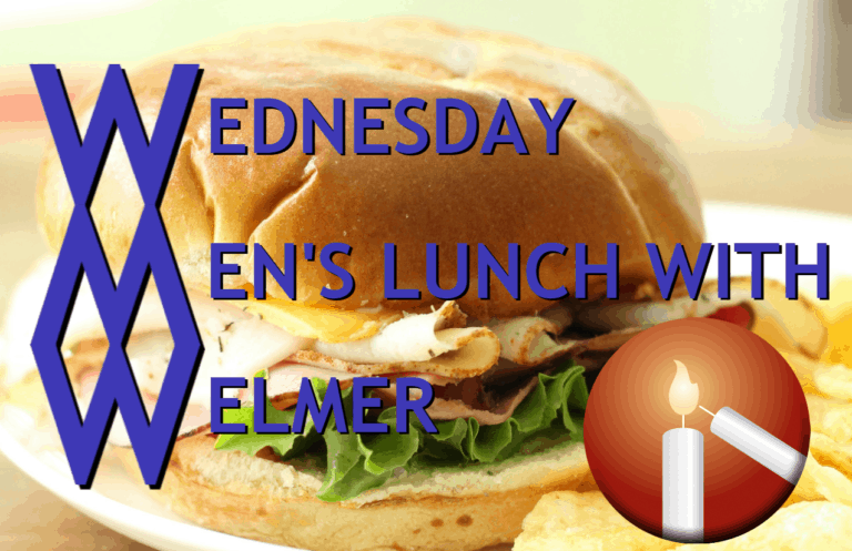 Image of a burger with the Messiah candle logo with text that reads Wednesday Men's Lunch with Welmer