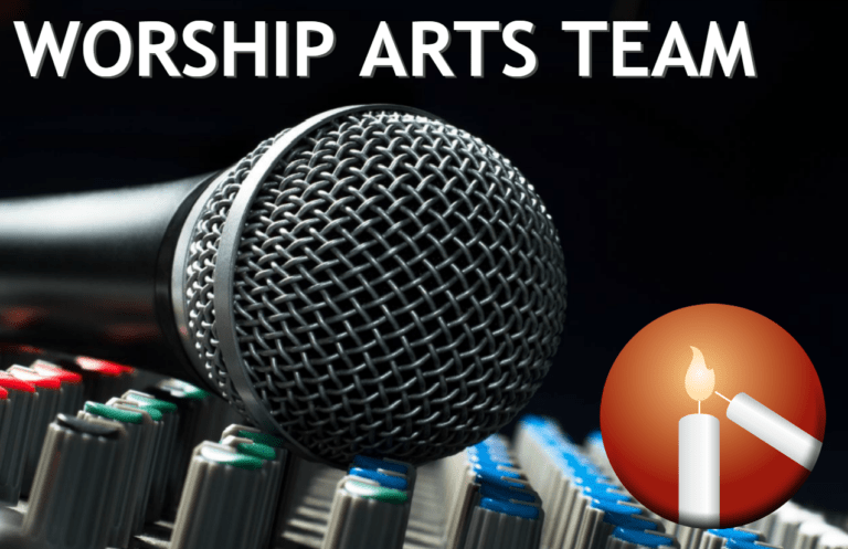 Image of a microphone on sound board with text that reads "Worship Arts Team"