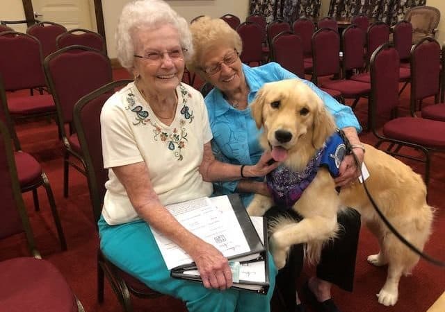 Triton the comfortdog sitting with two women in seating aisles