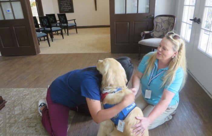 Triton the comfortdog being hugged by a woman