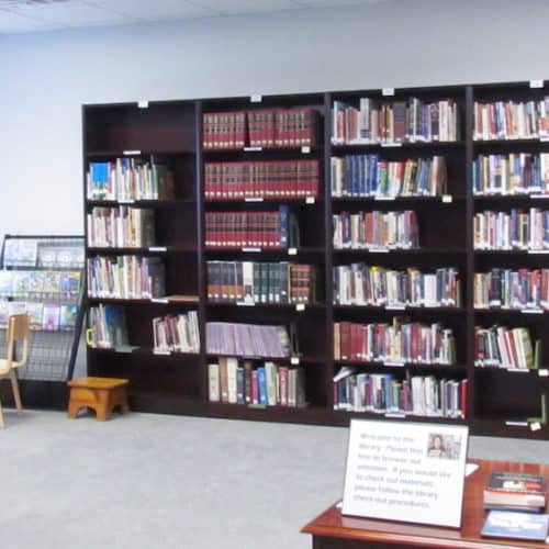 Bookcases and childrens corner in the Messiah Lutheran Library
