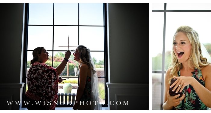 Collage image of bride having her makeup done and then reciecing a small boxed gift with a delighted smile. Watermark of www.wisnerphoto.com