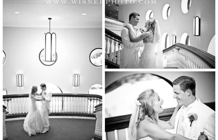 Collage of three black and white photos of a just married couple dancing in Messiah facilities. Watermark of www.wisnerphoto.com